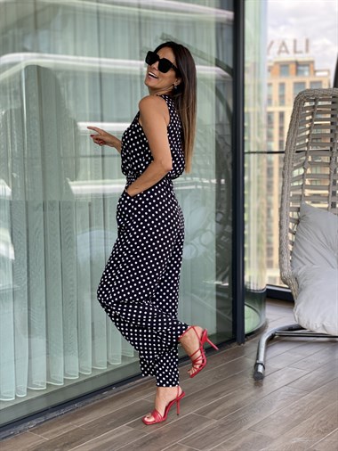 Siyah Puantiye Desen Sıfır Kol Beli Lastikli Kadın Tulum