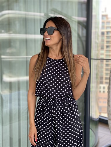 Siyah Puantiye Desen Sıfır Kol Beli Lastikli Kadın Tulum