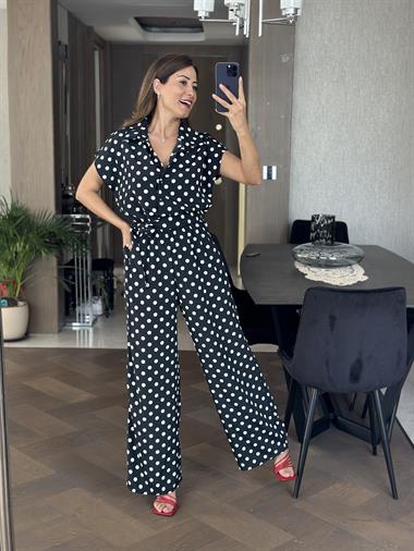 Siyah Puantiye Gömlek Yaka Düğmeli Kadın Tulum