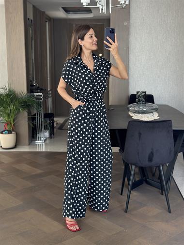 Siyah Puantiye Gömlek Yaka Düğmeli Kadın Tulum