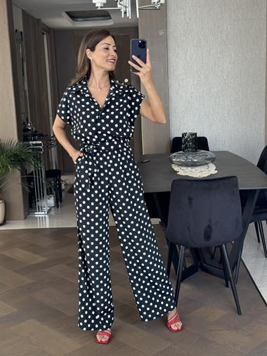 Siyah Puantiye Gömlek Yaka Düğmeli Kadın Tulum