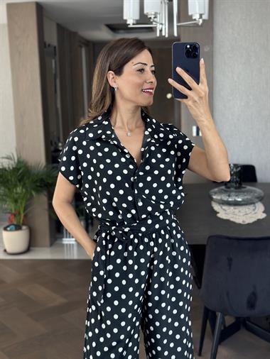 Siyah Puantiye Gömlek Yaka Düğmeli Kadın Tulum