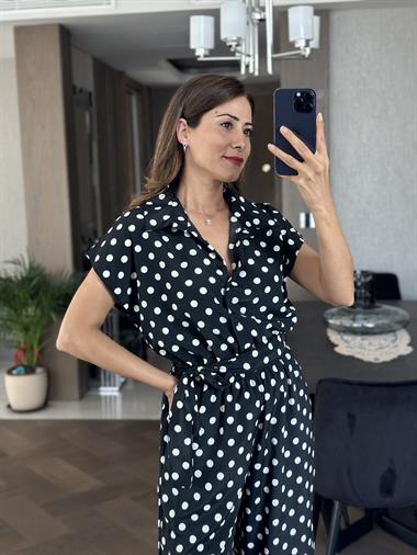 Siyah Puantiye Gömlek Yaka Düğmeli Kadın Tulum