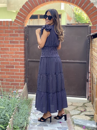 Siyah Puantiyeli Bel Gipeli V Yaka Maksi Boy Kadın Elbise