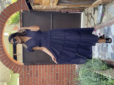 Siyah Puantiyeli Bel Gipeli V Yaka Maksi Boy Kadın Elbise