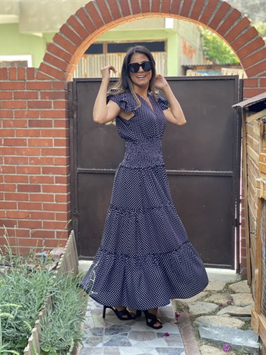 Siyah Puantiyeli Bel Gipeli V Yaka Maksi Boy Kadın Elbise