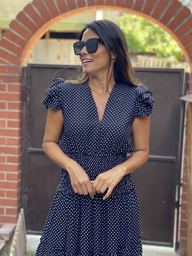 Siyah Puantiyeli Bel Gipeli V Yaka Maksi Boy Kadın Elbise