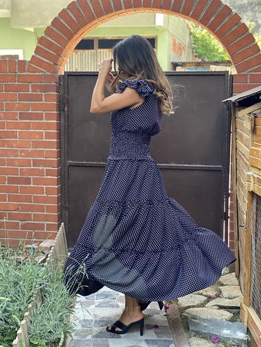 Siyah Puantiyeli Bel Gipeli V Yaka Maksi Boy Kadın Elbise