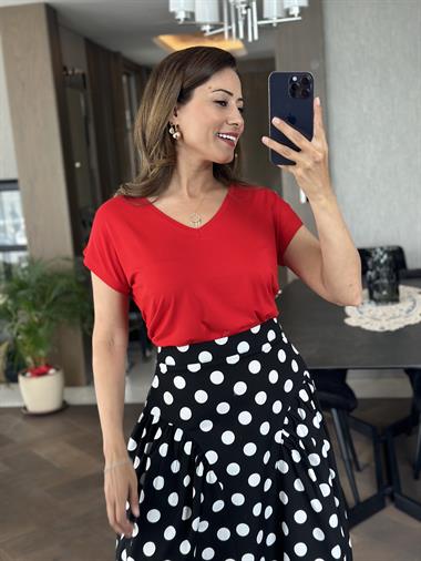 Siyah Puantiyeli Cepli Midi Boy Kadın Etek