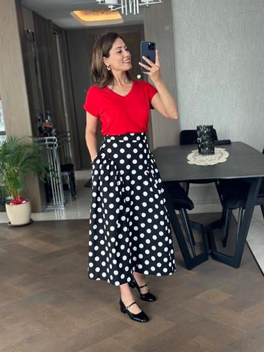 Siyah Puantiyeli Cepli Midi Boy Kadın Etek