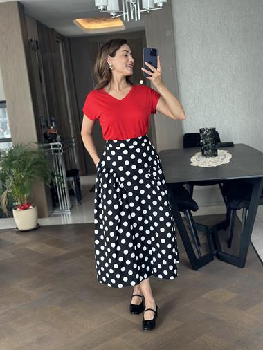 Siyah Puantiyeli Cepli Midi Boy Kadın Etek