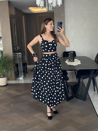Siyah Puantiyeli Crop Bluz Etek Kadın İkili Takım