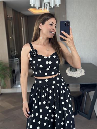 Siyah Puantiyeli Crop Bluz Etek Kadın İkili Takım