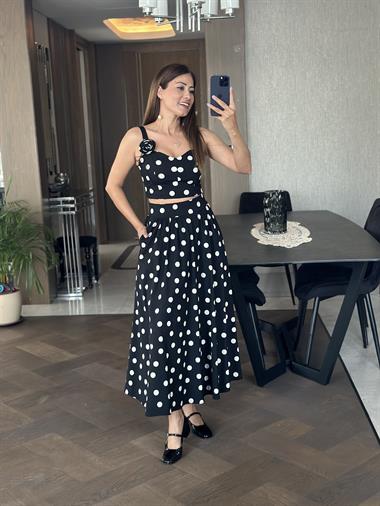 Siyah Puantiyeli Crop Bluz Etek Kadın İkili Takım