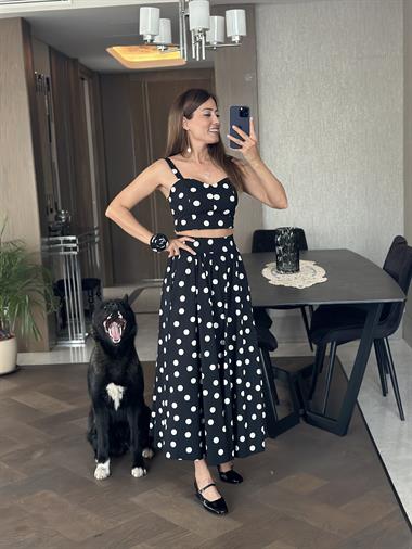 Siyah Puantiyeli Crop Bluz Etek Kadın İkili Takım