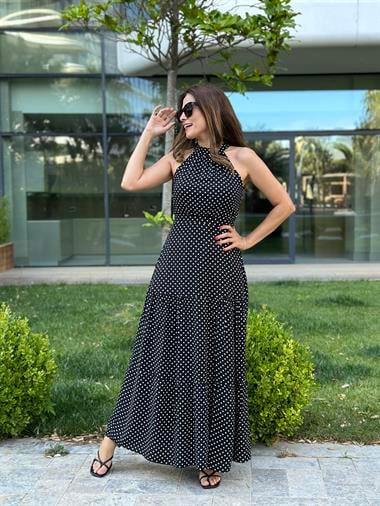 Siyah Puantiyeli Yüzücü Yaka Maksi Boy Yırtmaçlı Kadın Elbise