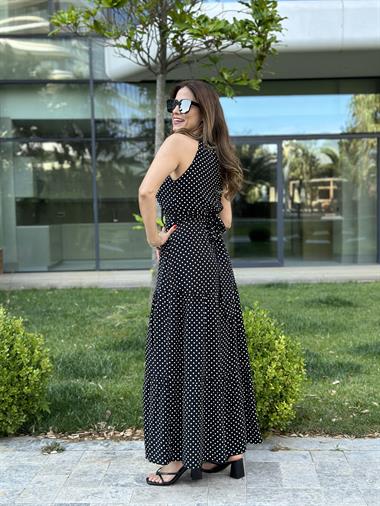 Siyah Puantiyeli Yüzücü Yaka Maksi Boy Yırtmaçlı Kadın Elbise
