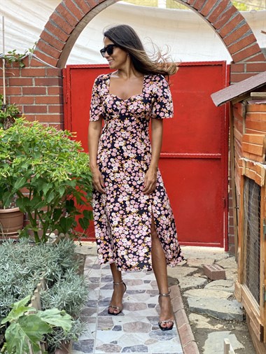 Siyah Pudra Çiçek Beşgen Yaka Kadın Elbise