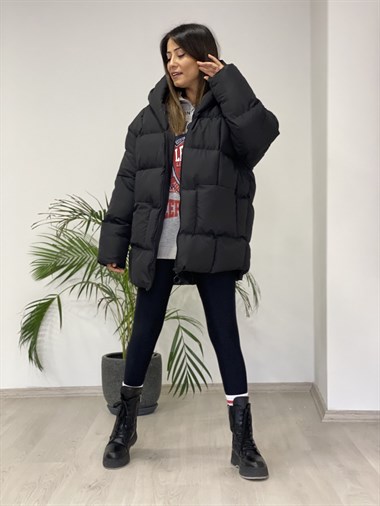 Siyah Puffer Oversize  Kadın Mont