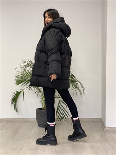 Siyah Puffer Oversize  Kadın Mont