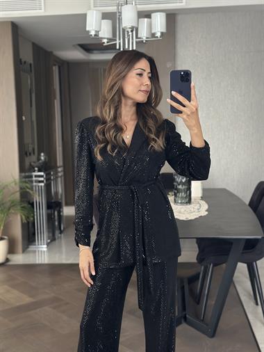 Siyah Pul Payet Ceket Pantolon Kadın Alt Üst Takım