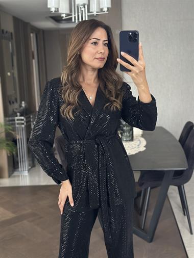 Siyah Pul Payet Ceket Pantolon Kadın Alt Üst Takım