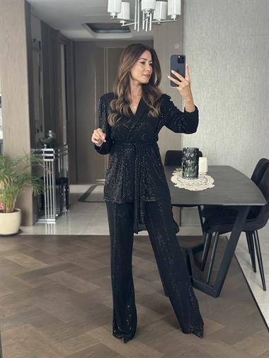 Siyah Pul Payet Ceket Pantolon Kadın Alt Üst Takım
