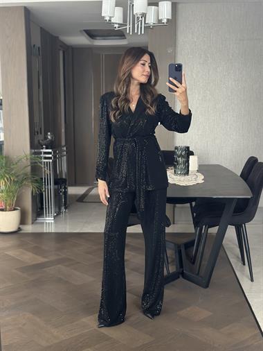 Siyah Pul Payet Ceket Pantolon Kadın Alt Üst Takım