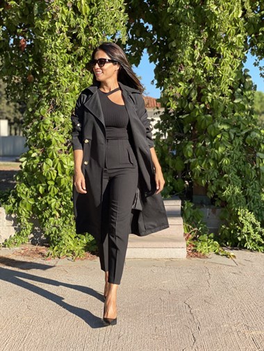 Siyah Reglan Kol Kuşaklı Kadın Trençkot