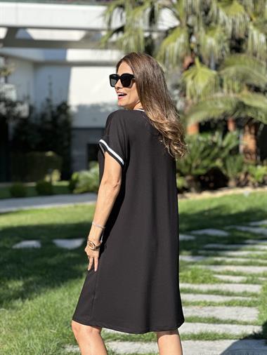 Siyah Ribanalı V Yaka Kadın T-Shirt Elbise