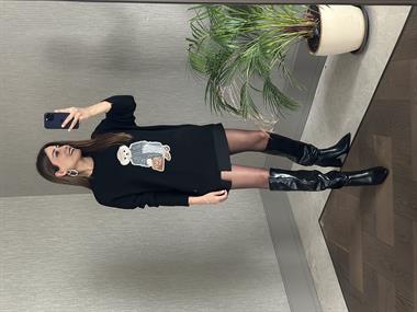 Siyah RL Model Bisiklet Yaka Önü Ayıcık Nakışlı Kadın Triko Kazak