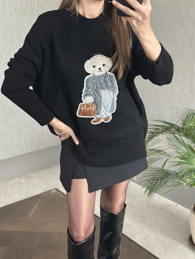 Siyah RL Model Bisiklet Yaka Önü Ayıcık Nakışlı Kadın Triko Kazak