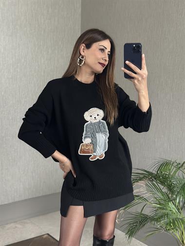 Siyah RL Model Bisiklet Yaka Önü Ayıcık Nakışlı Kadın Triko Kazak