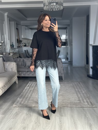 Siyah Romantik Dantel Detaylı Uzun Kollu Kadın T-Shirt