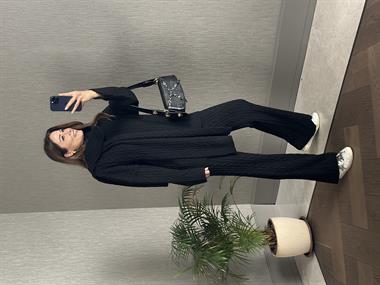 Siyah Saç Örgü Atkı Kazak Pantolon Kadın Üçlü Triko Takım