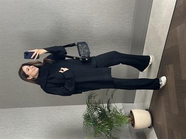 Siyah Saç Örgü Atkı Kazak Pantolon Kadın Üçlü Triko Takım