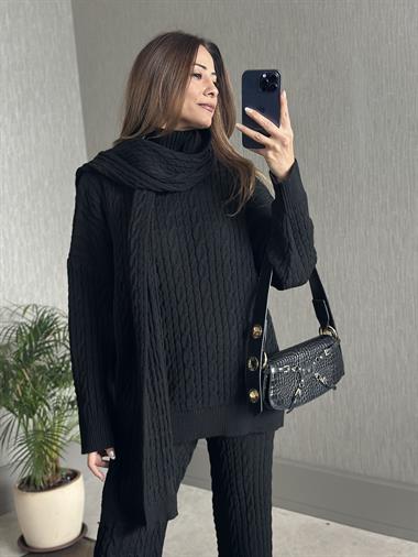 Siyah Saç Örgü Atkı Kazak Pantolon Kadın Üçlü Triko Takım