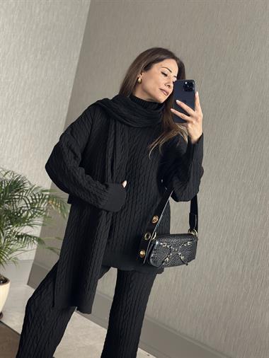 Siyah Saç Örgü Atkı Kazak Pantolon Kadın Üçlü Triko Takım