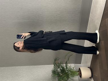 Siyah Saç Örgü Atkı Kazak Pantolon Kadın Üçlü Triko Takım