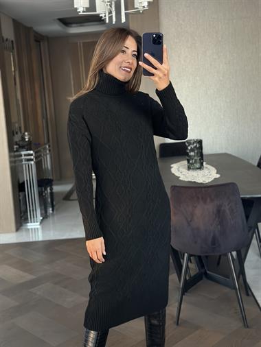 Siyah Saç Örgü Balıkçı Yaka Kadın Triko Elbise