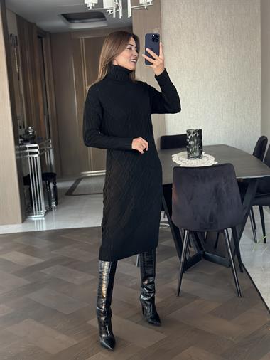 Siyah Saç Örgü Balıkçı Yaka Kadın Triko Elbise
