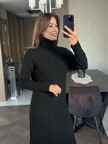 Siyah Saç Örgü Balıkçı Yaka Kadın Triko Elbise