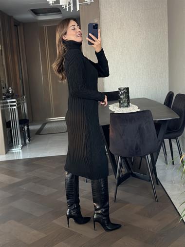 Siyah Saç Örgü Balıkçı Yaka Kadın Triko Elbise