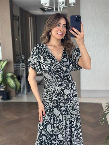 Siyah Şal Desen V Yaka Bel Detay Maksi Boy Şifon Kadın Elbise 