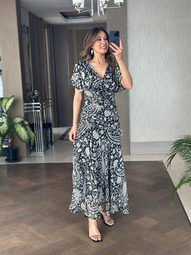 Siyah Şal Desen V Yaka Bel Detay Maksi Boy Şifon Kadın Elbise 