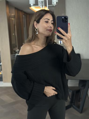 Siyah Şal Yaka Fitilli Kadın Triko Kazak