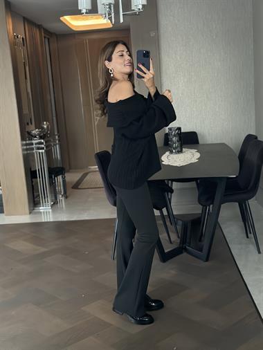 Siyah Şal Yaka Fitilli Kadın Triko Kazak