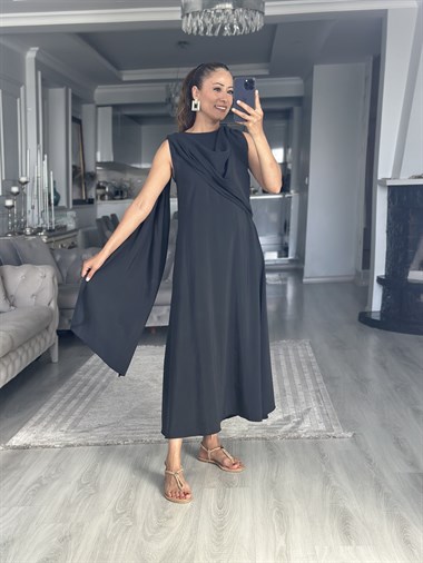 Siyah Şal Yaka Sıfır Kol Tensel Midi Boy Kadın Elbise 