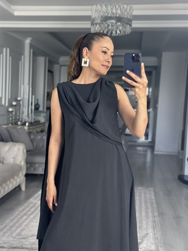 Siyah Şal Yaka Sıfır Kol Tensel Midi Boy Kadın Elbise 
