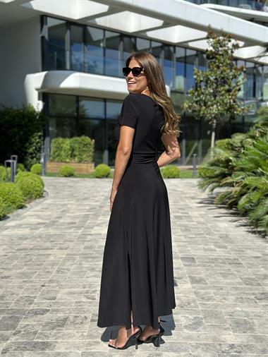 Siyah Sandy Düğümlü Göbek Dekolteli Maksi Kadın Elbise